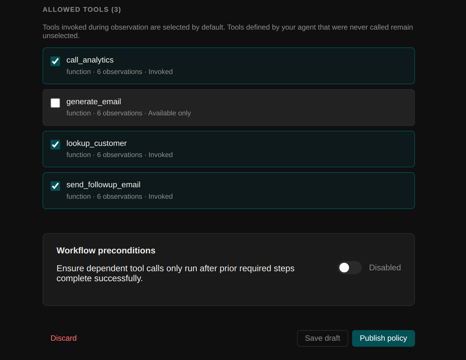 Allowed tools selected from observed use