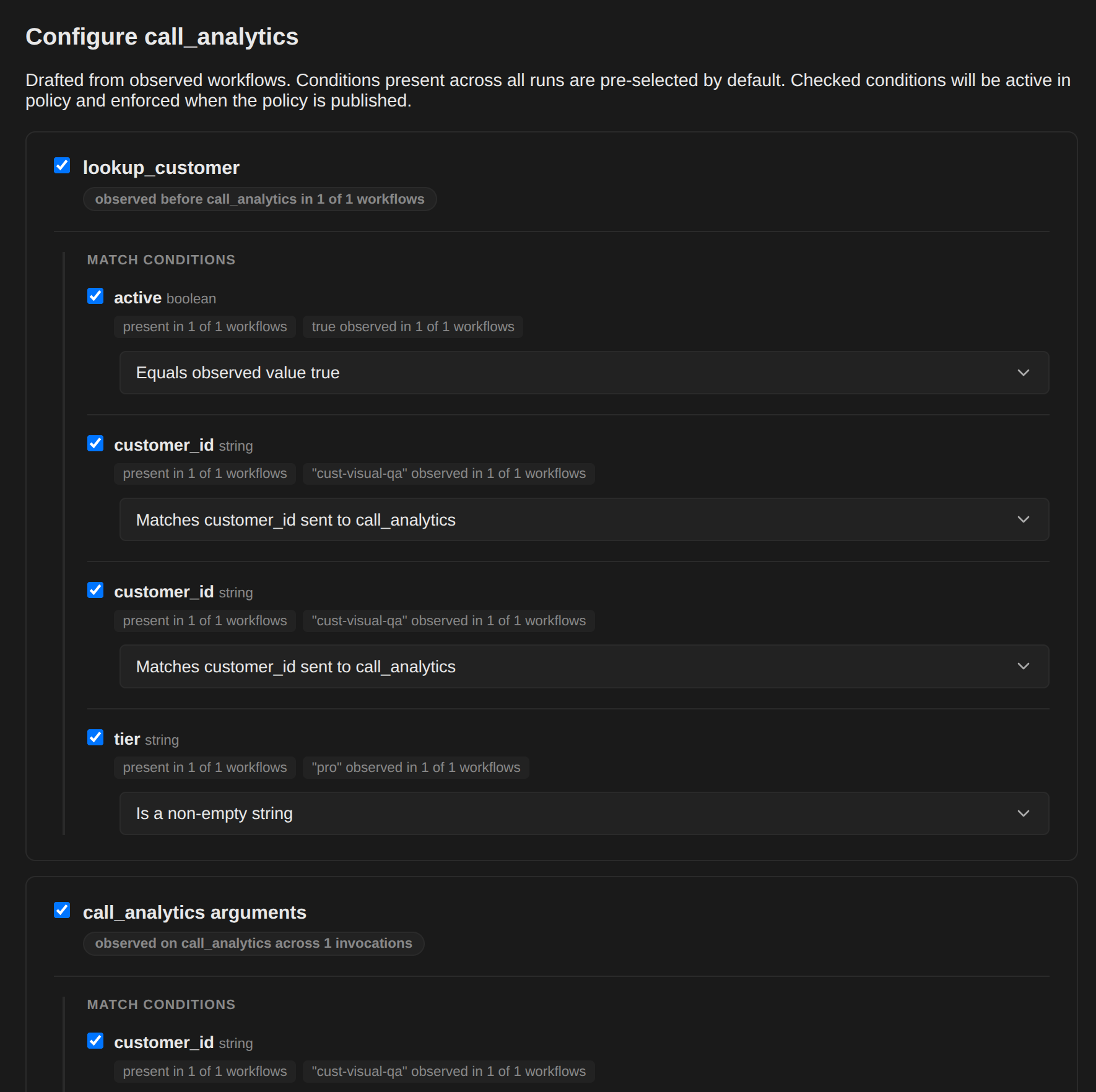 Configuring ancestor evidence and self argument conditions