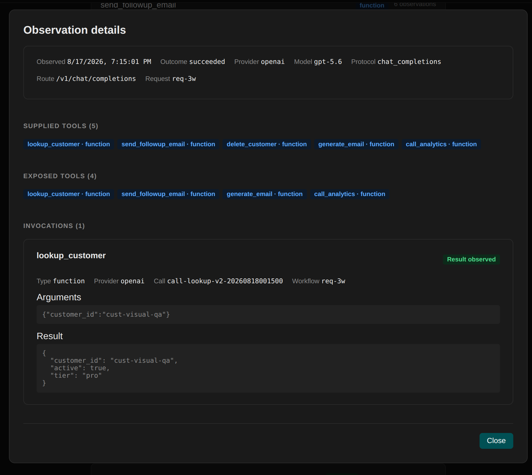 Observation details showing tool arguments and a recorded result